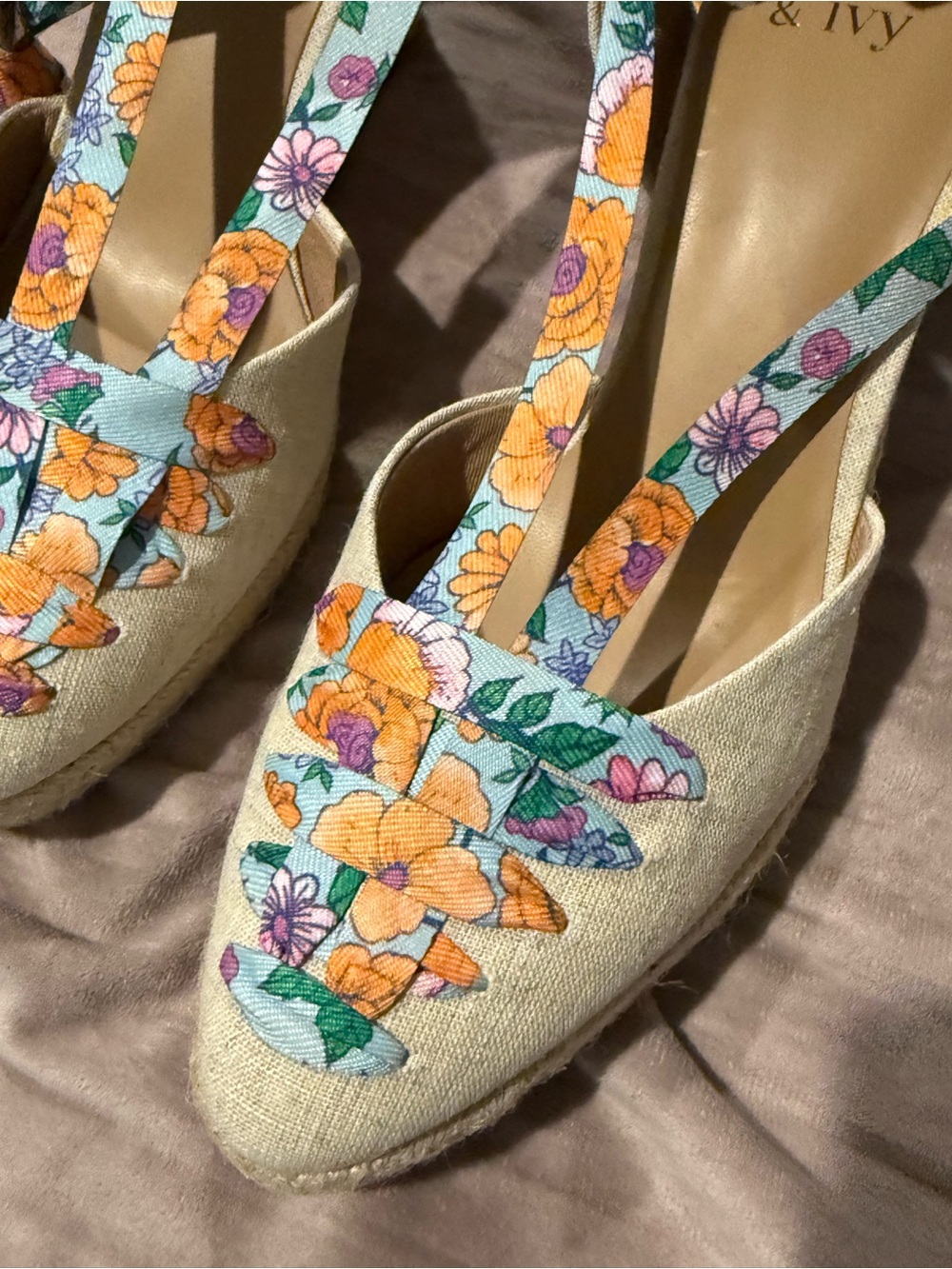 crown & ivy Floral Tie Espadrille Wedges in Natural with Orange and Pink Accents - Picture 4 of 5